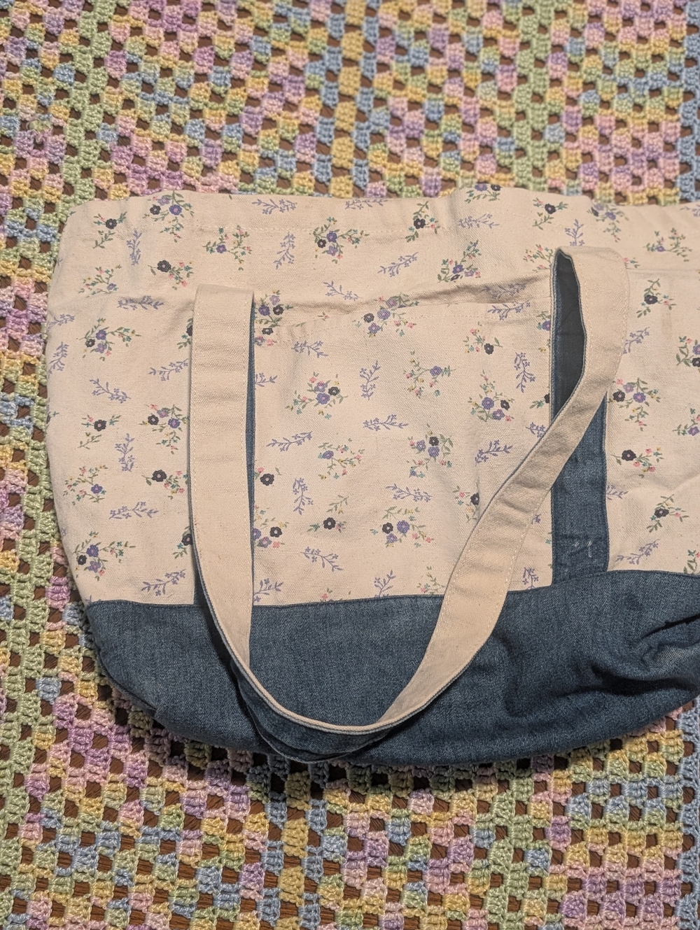 Northern Reflections Floral Canvas Tote Bag in Cream and Blue